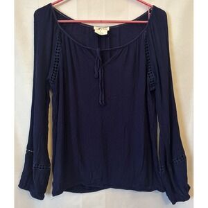 M Fasis Women's Navy Blue Crinkle Embroidered Long‎ Sleeve Tie Front Blouse L